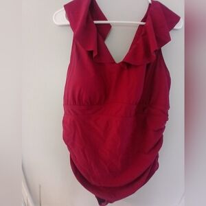 Daci Sz 2XL Ruffled V-Neck One-Piece Swimsuit Burgundy. NWT
